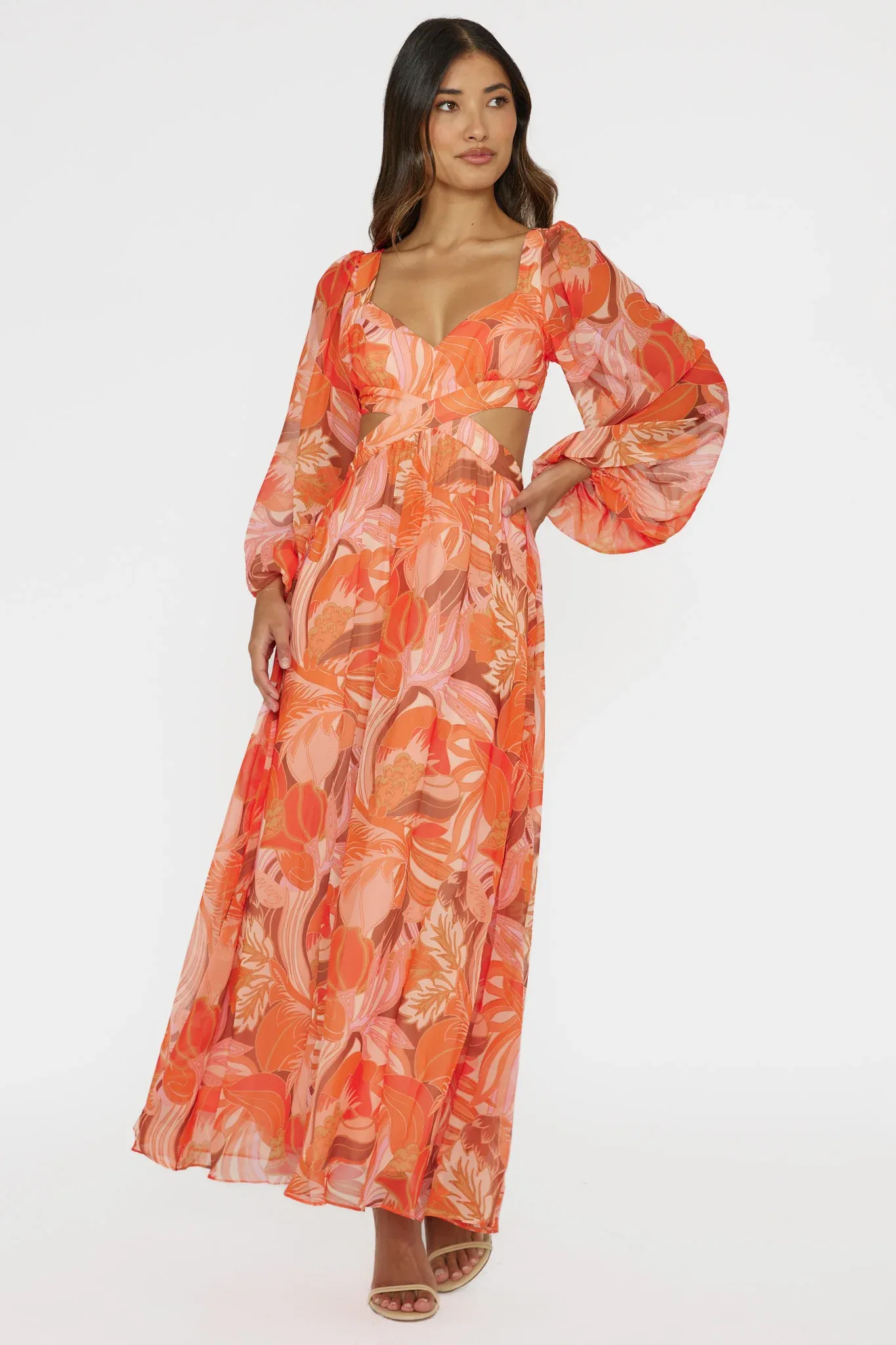 Maura Long Sleeve Lace-Up Back Dress Floral Orange