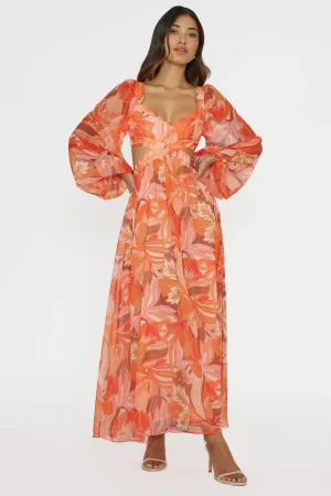 Maura Long Sleeve Lace-Up Back Dress Floral Orange