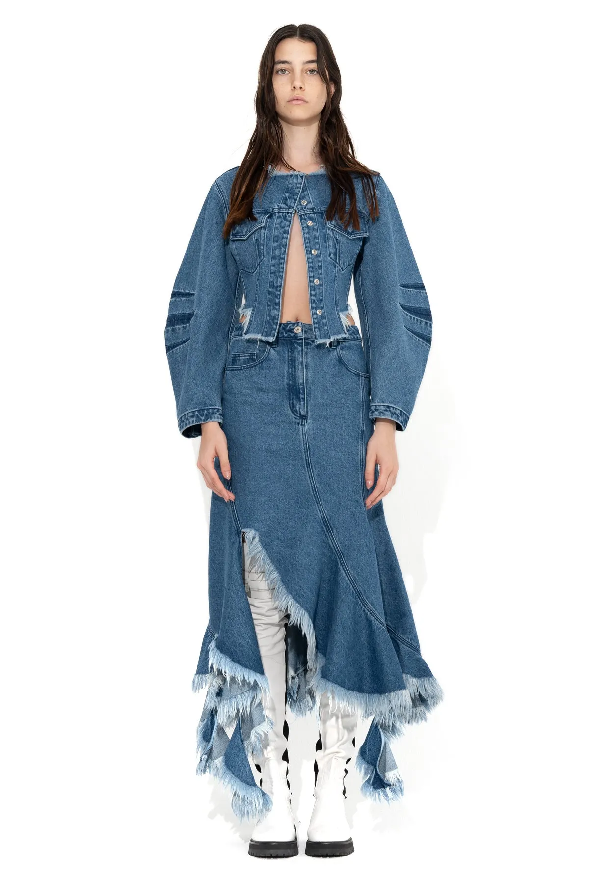 MID BLUE ROUND SLEEVE CROPPED JACKET