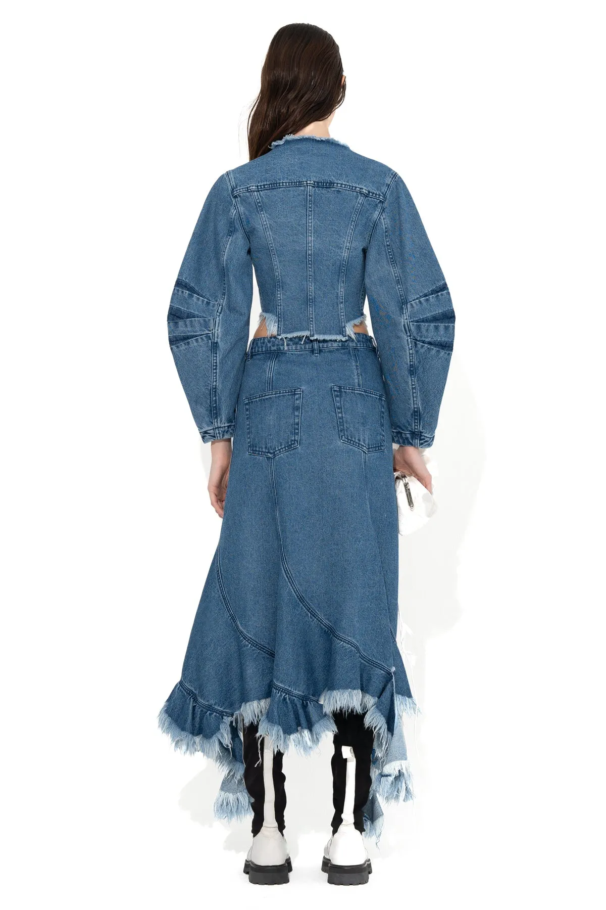MID BLUE ROUND SLEEVE CROPPED JACKET