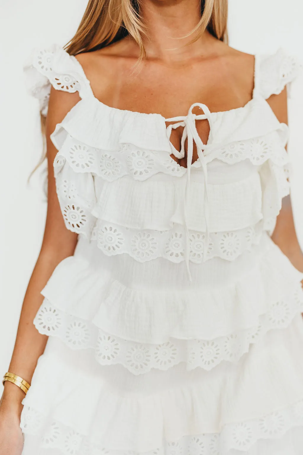 Mikayla 100% Cotton Lace and Gauze Contrast Tiered Maxi Dress in Off-White