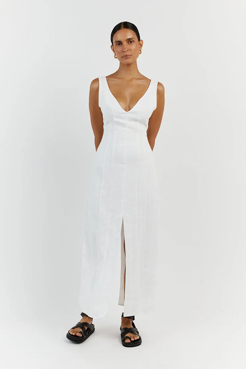 MILAHN WHITE LINEN V NECK DRESS