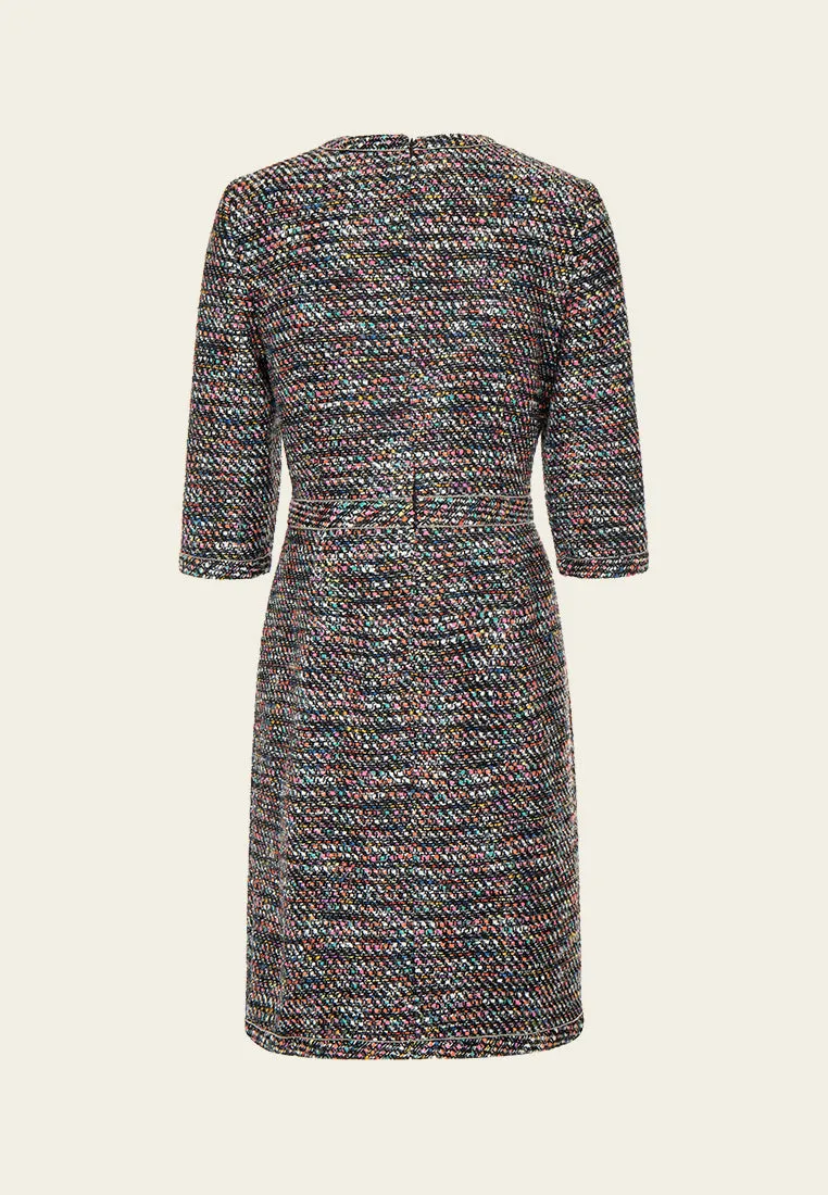 Mixed tweed V-neck Hollow-carved Crystal Button Metalic-trim Dress