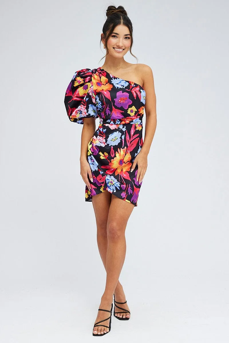 Multi Floral One Shoulder Puff Sleeve Statement Mini Dress