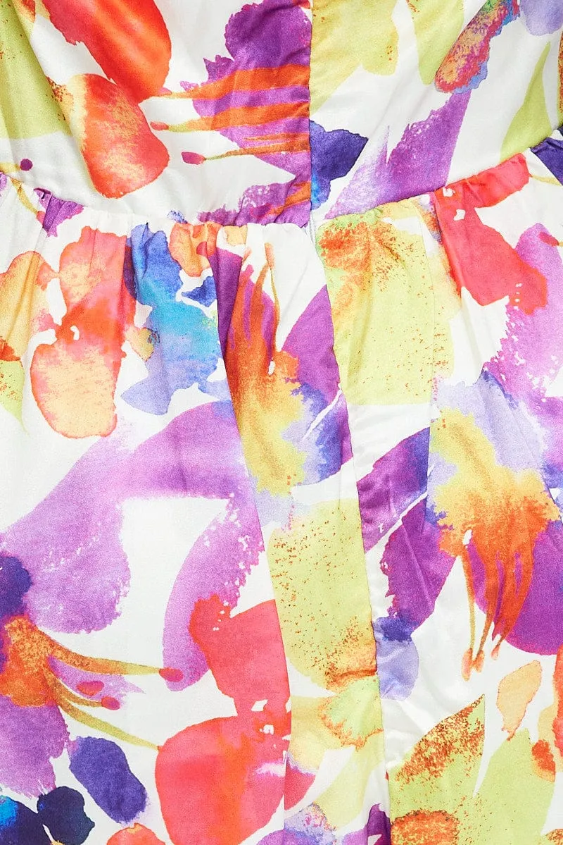Multi Floral Ruffle Dress Halter Neck Watercolour Print