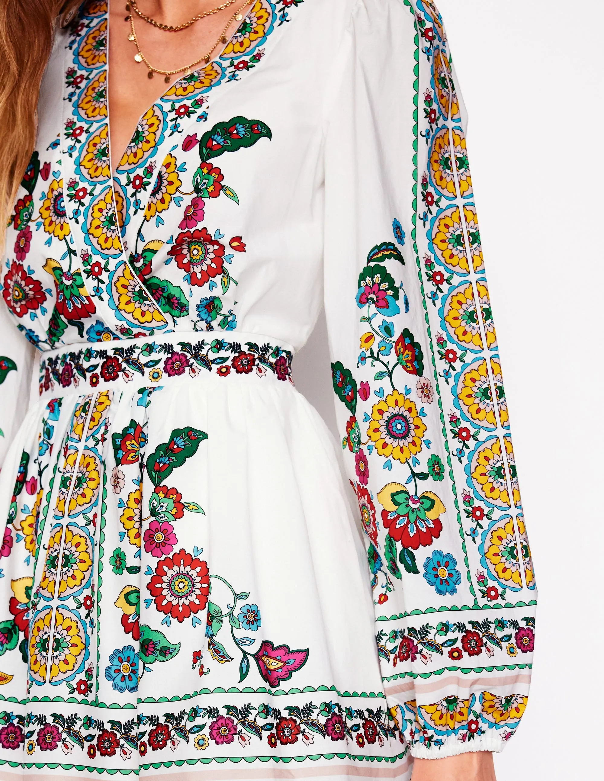 Mya Cotton Short Dress-Ivory. Botanical Sprig