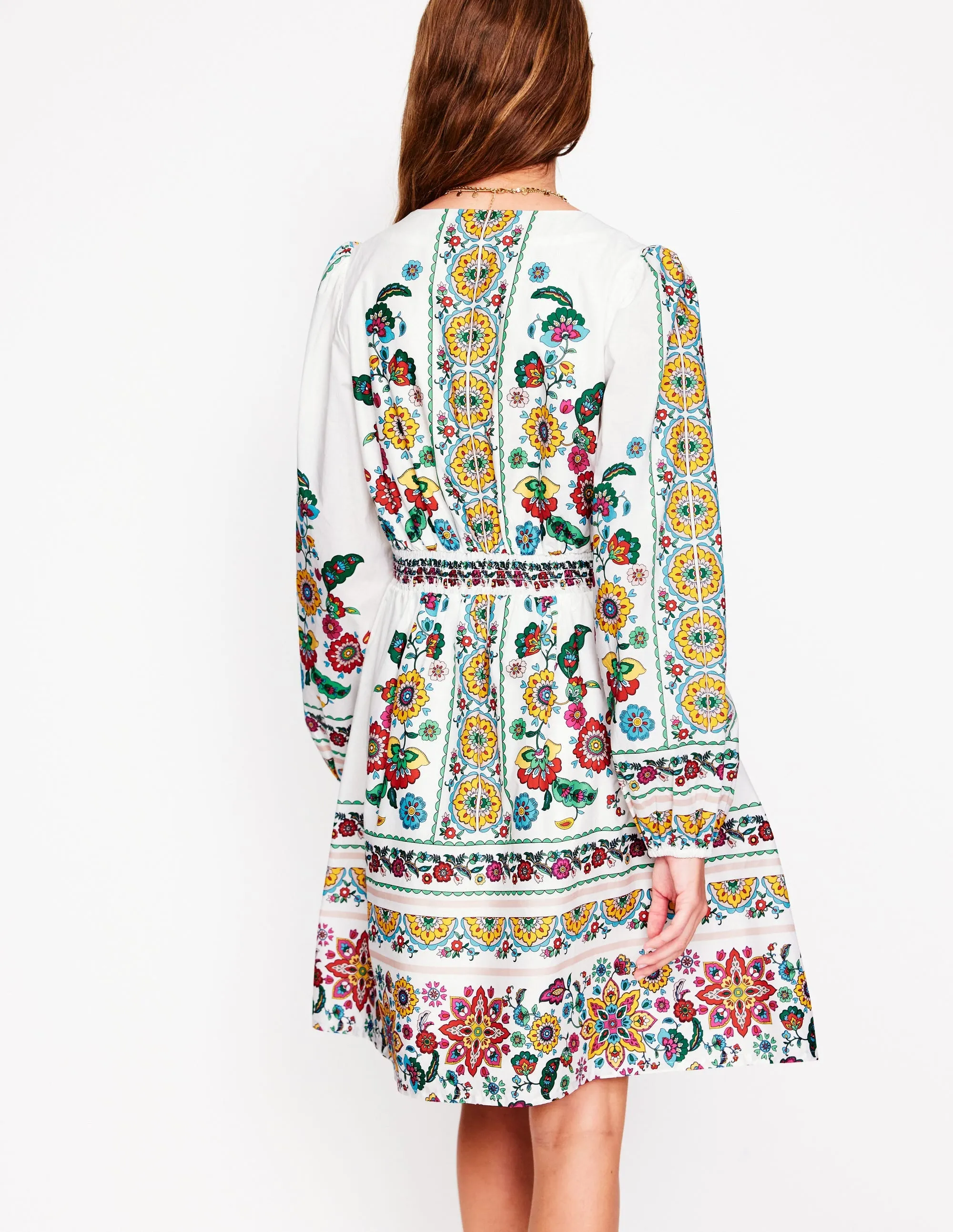 Mya Cotton Short Dress-Ivory. Botanical Sprig