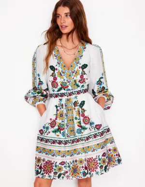 Mya Cotton Short Dress-Ivory. Botanical Sprig