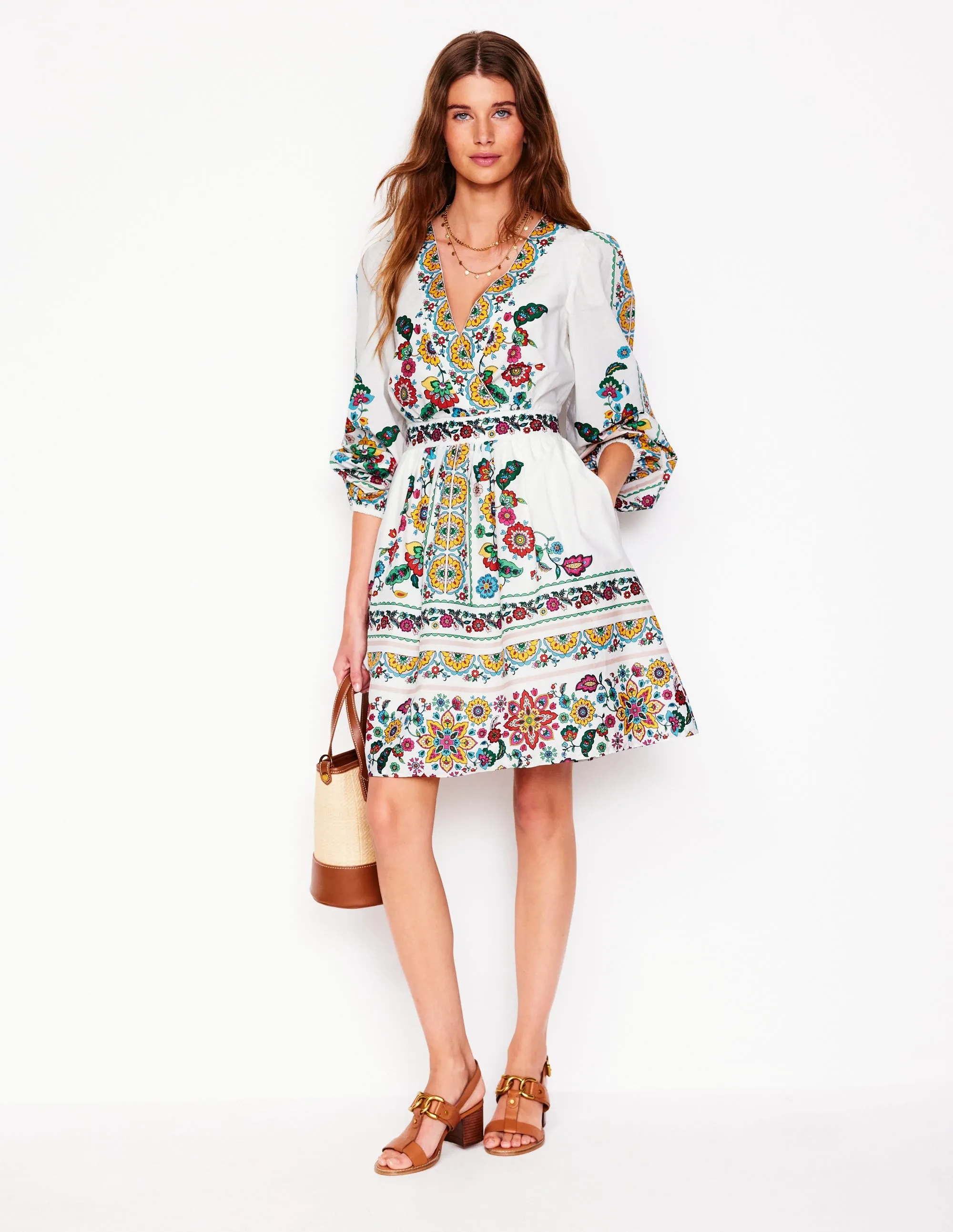 Mya Cotton Short Dress-Ivory. Botanical Sprig