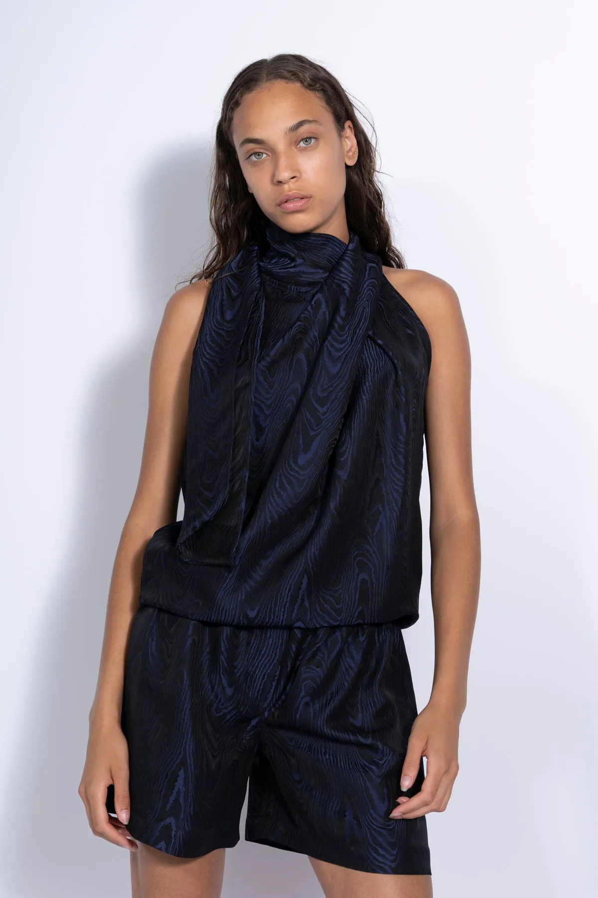 NAVY DRAPED BLOUSE