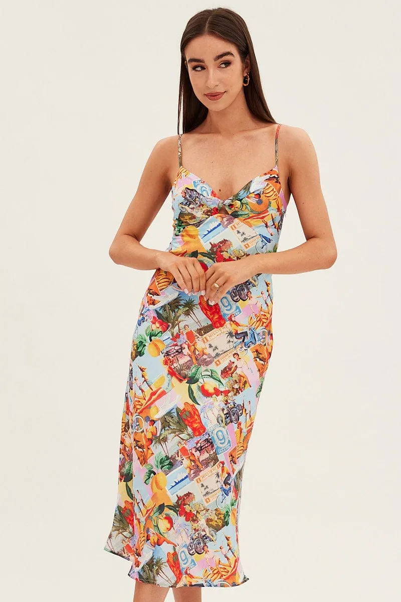 Orange Abstract Slip Dress Satin Midi Postcard Holiday Print