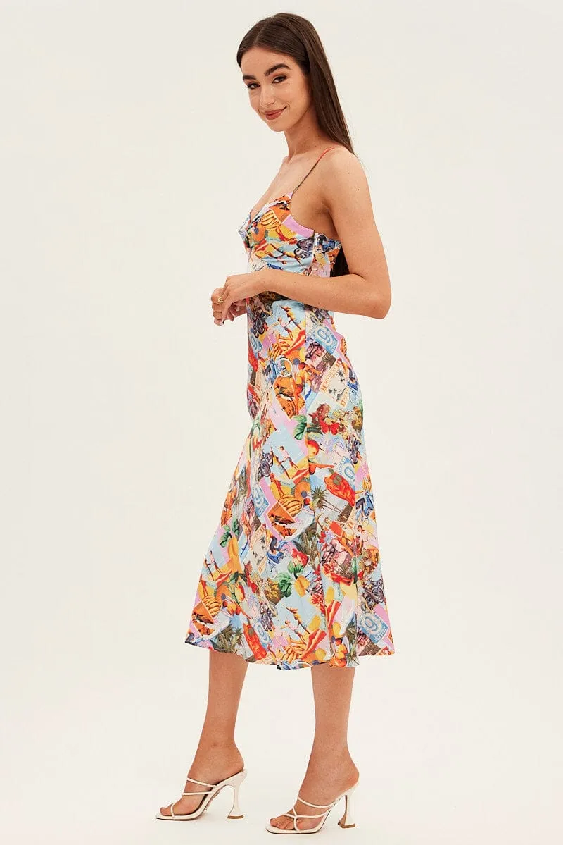 Orange Abstract Slip Dress Satin Midi Postcard Holiday Print