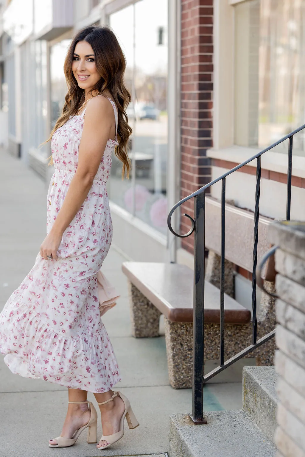Painted Blossoms Button Accented Midi Dress