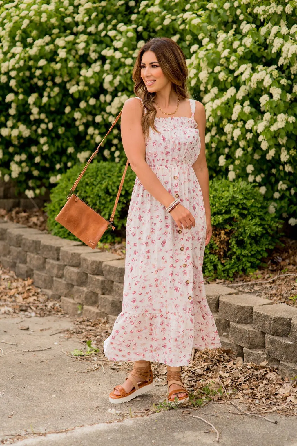 Painted Blossoms Button Accented Midi Dress