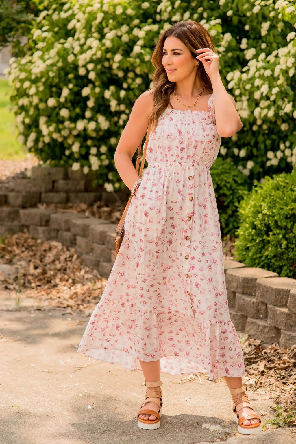 Painted Blossoms Button Accented Midi Dress