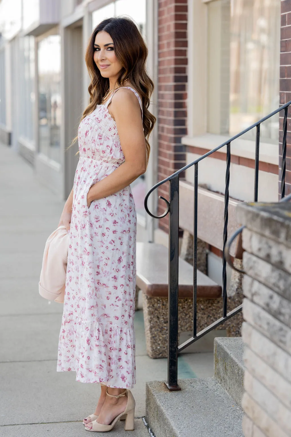 Painted Blossoms Button Accented Midi Dress