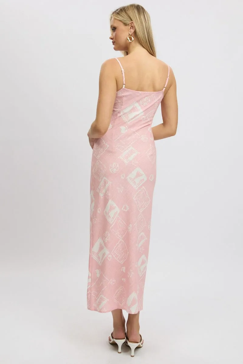 Pink Abstract Maxi Dress Bias Cut