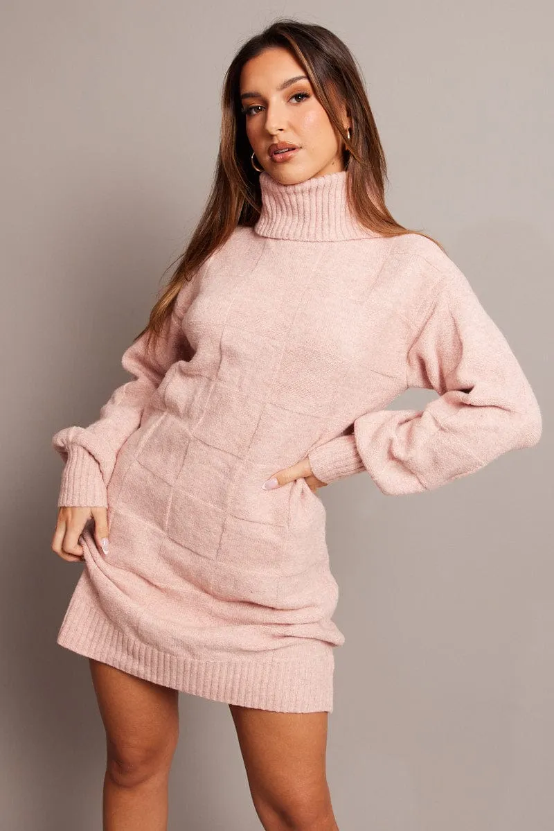 Pink Knit Dress Long Sleeve Turtle Neck