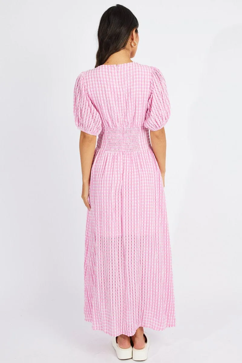 Pink Midi Dress Puff Sleeve
