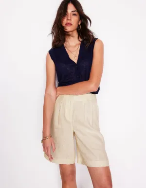 Pleat Linen Wide Leg Shorts-Ivory