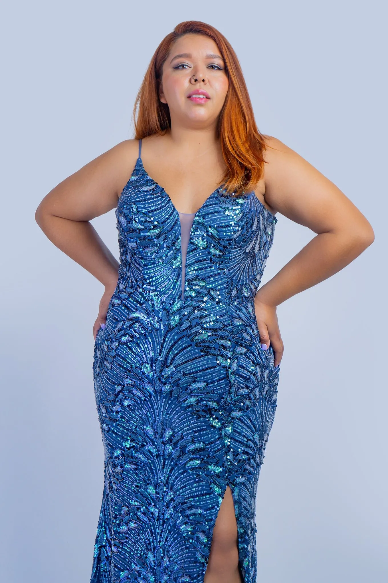 Plus Aqua Blue Sequin Gown