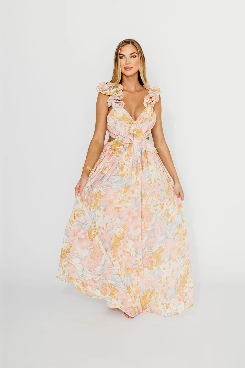 Rapunzel Floral Ruffle Sleeve Open Back Maxi Dress in Pink
