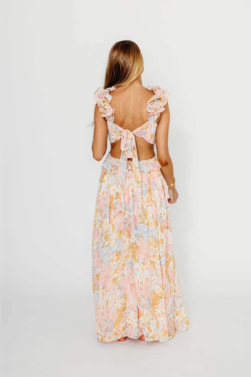 Rapunzel Floral Ruffle Sleeve Open Back Maxi Dress in Pink