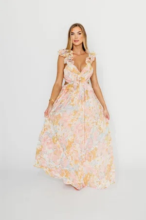 Rapunzel Floral Ruffle Sleeve Open Back Maxi Dress in Pink