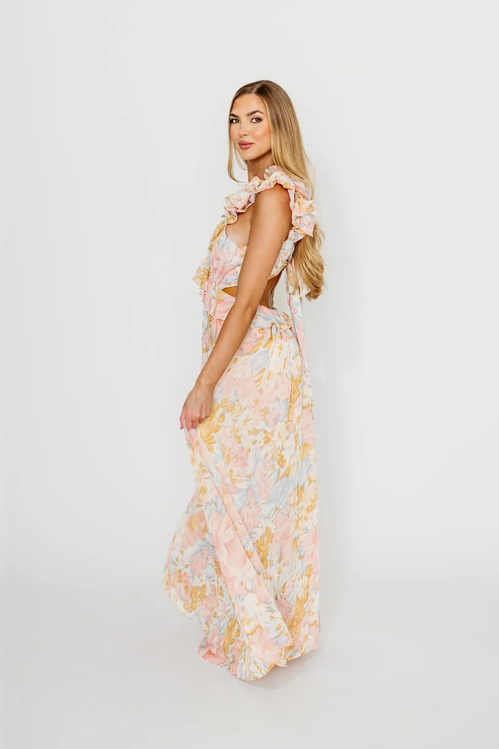 Rapunzel Floral Ruffle Sleeve Open Back Maxi Dress in Pink