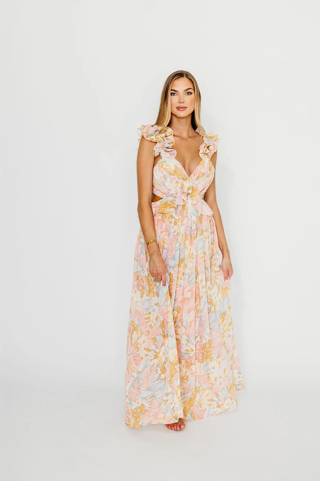 Rapunzel Floral Ruffle Sleeve Open Back Maxi Dress in Pink