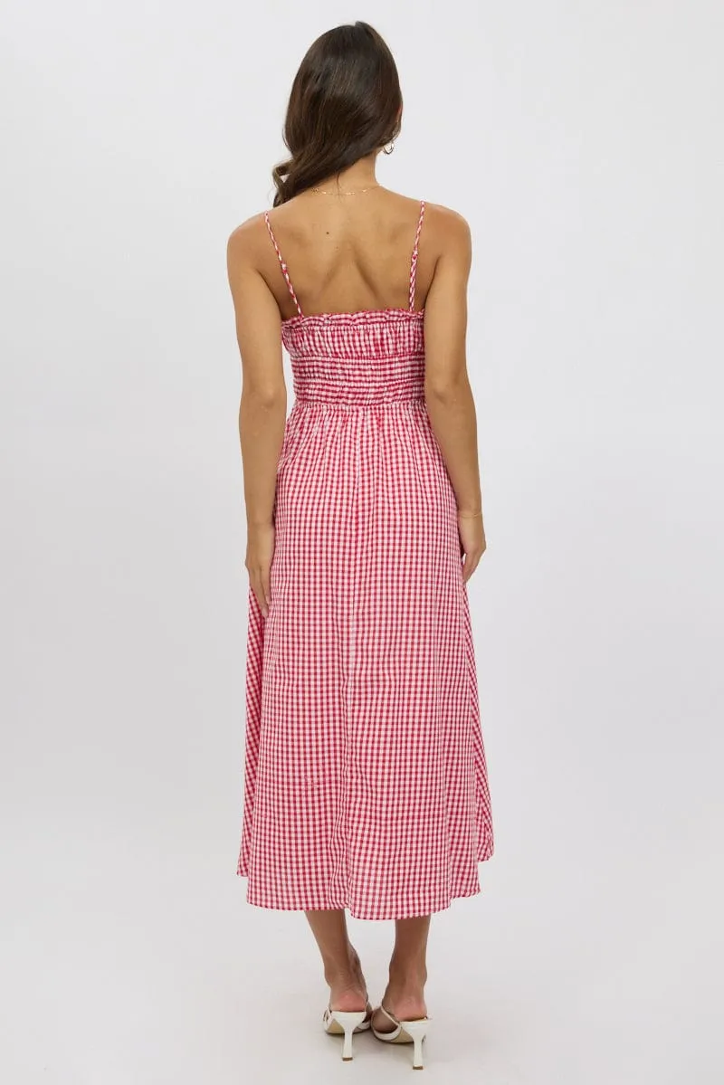 Red Check Midi Dress Ribbon Detail Strappy