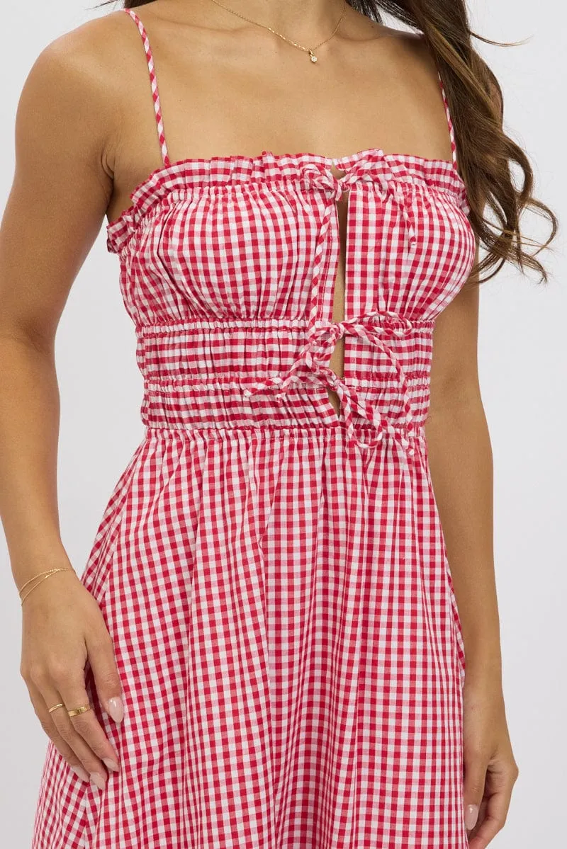 Red Check Midi Dress Ribbon Detail Strappy