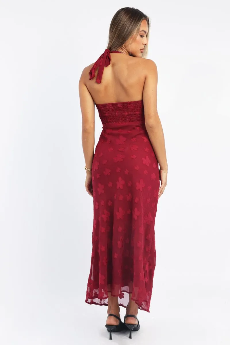 Red Midi Dress Halter Neck