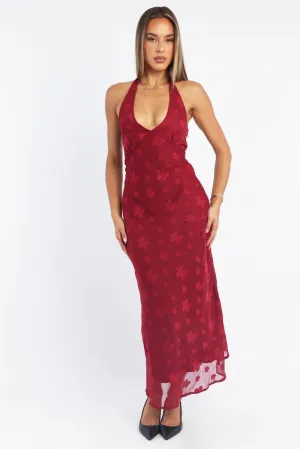 Red Midi Dress Halter Neck
