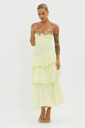Rose Garden Tiered Ruffle Floral Trim Dress Lemon