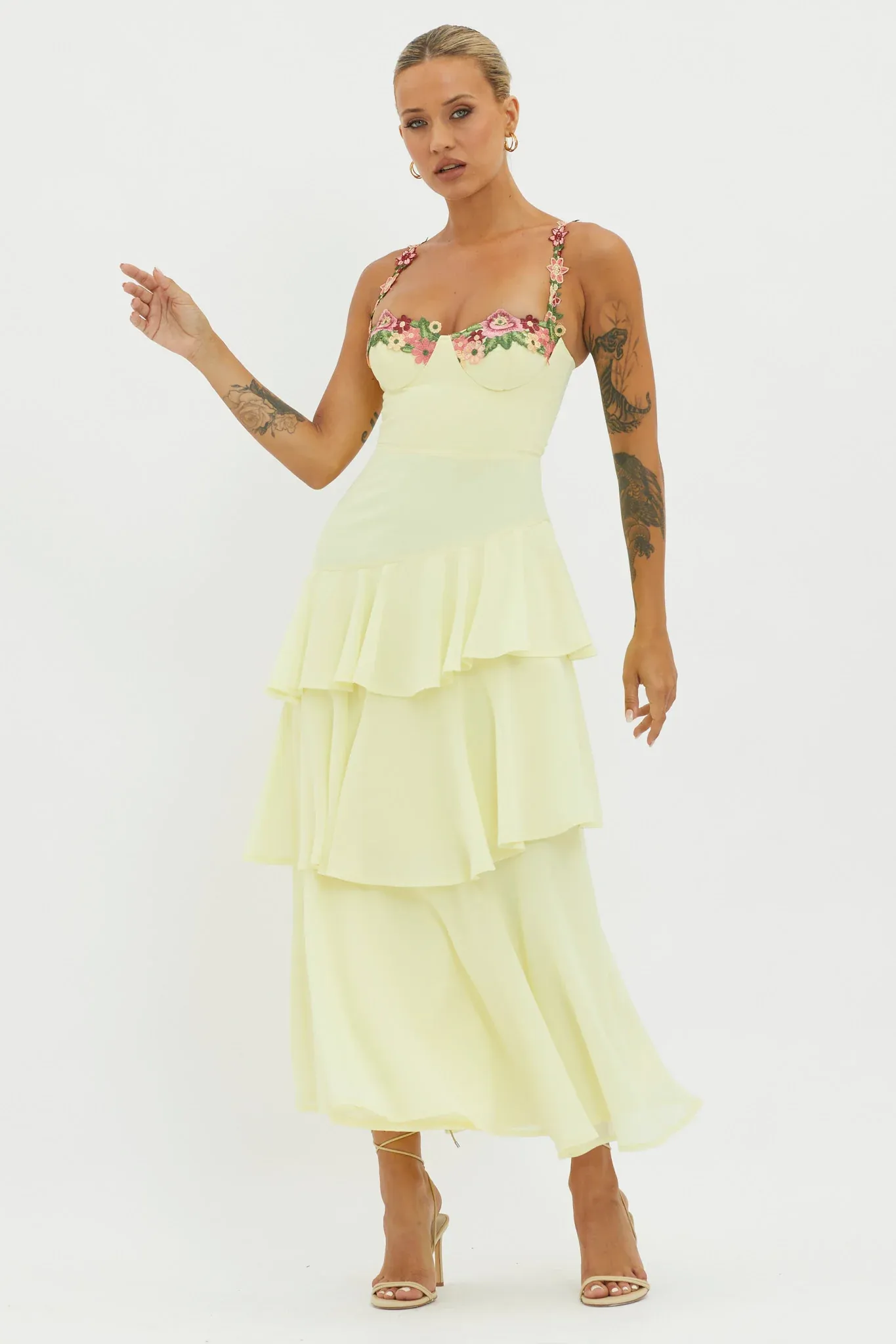 Rose Garden Tiered Ruffle Floral Trim Dress Lemon