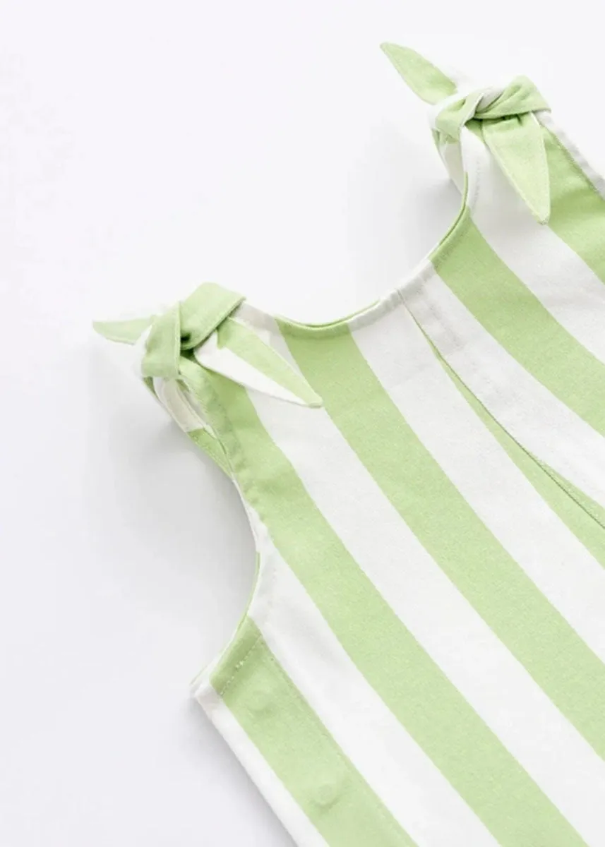 Ruffle Tie Romper - Green Cabana Stripe