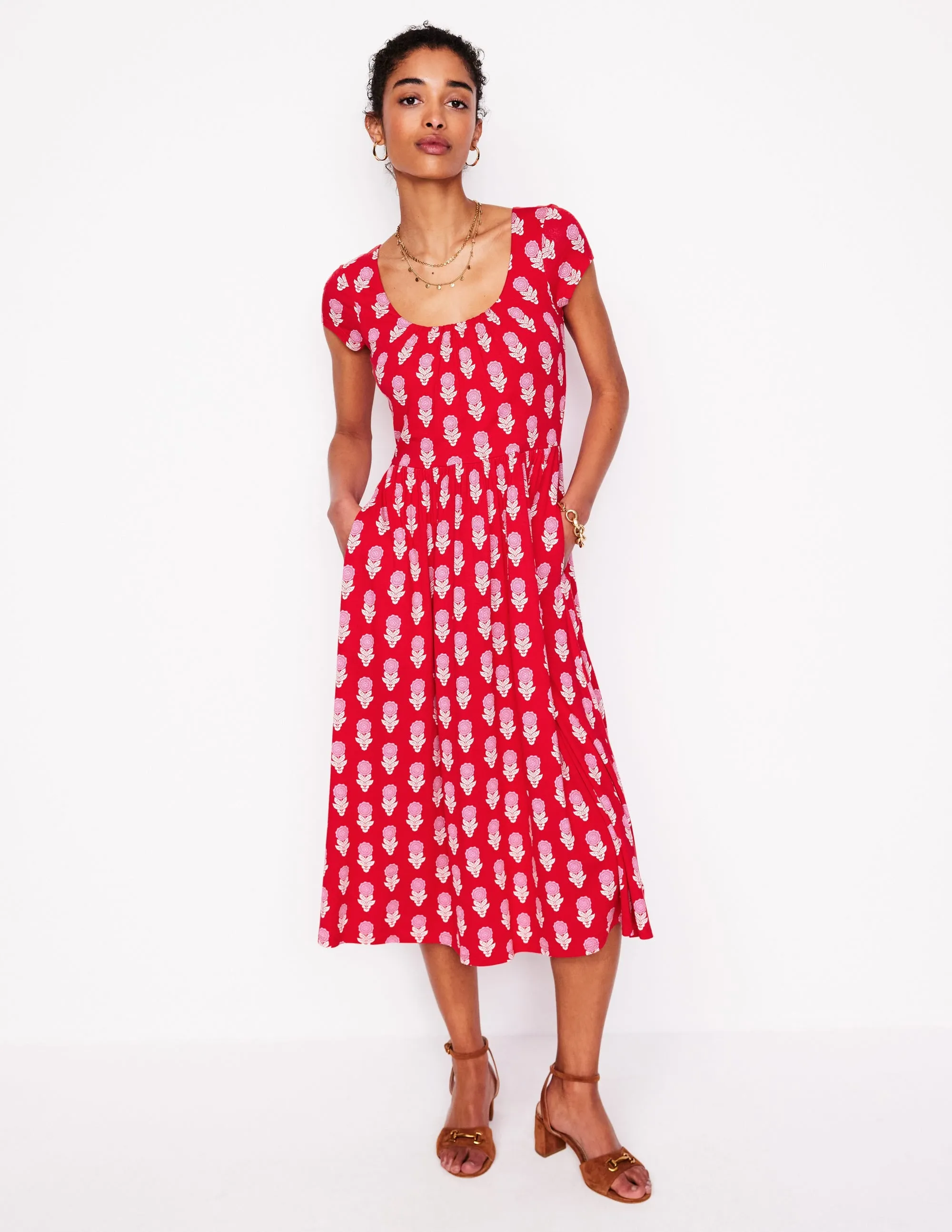 Samantha Scoop Jersey Dress-Poppy Red. Dahlia Sprig
