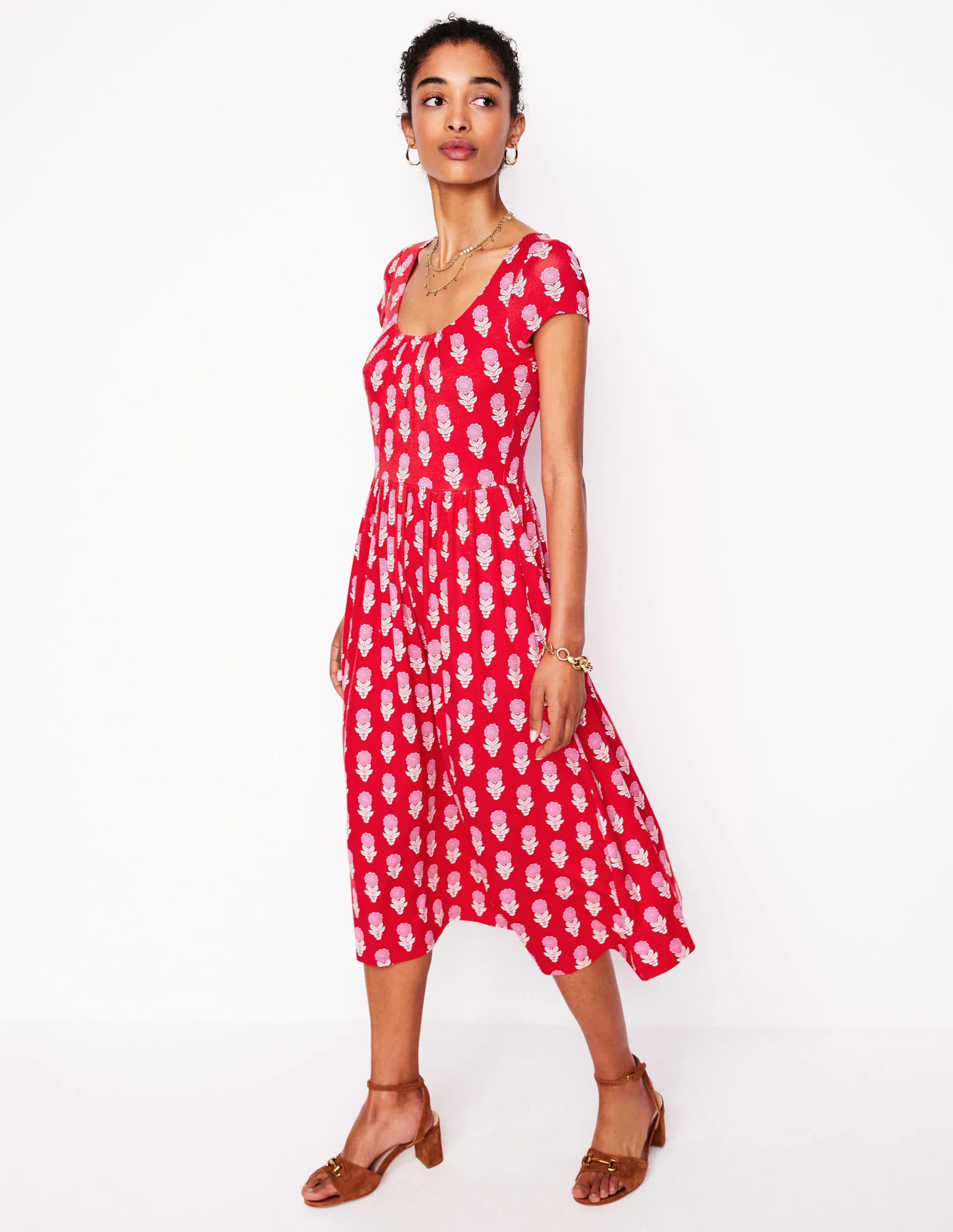 Samantha Scoop Jersey Dress-Poppy Red. Dahlia Sprig