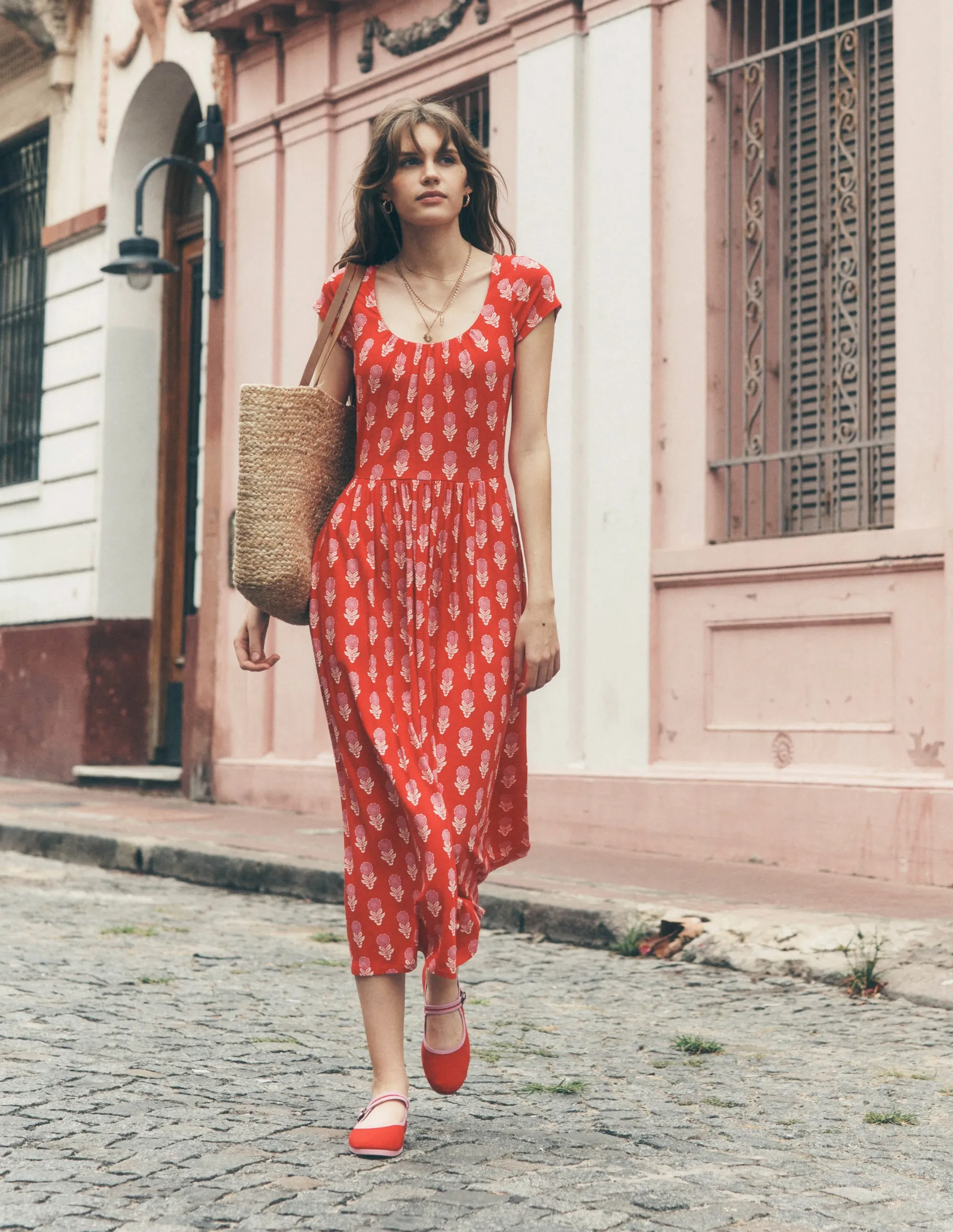 Samantha Scoop Jersey Dress-Poppy Red. Dahlia Sprig