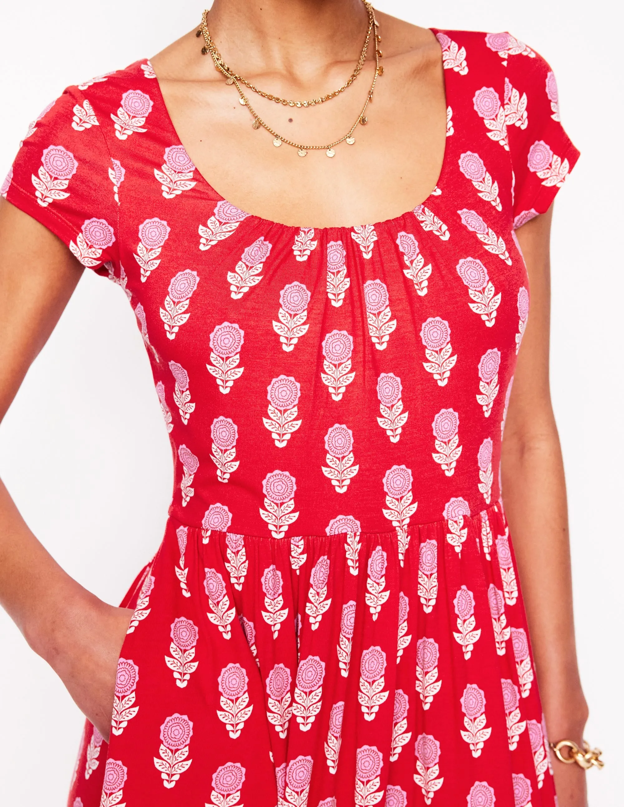 Samantha Scoop Jersey Dress-Poppy Red. Dahlia Sprig