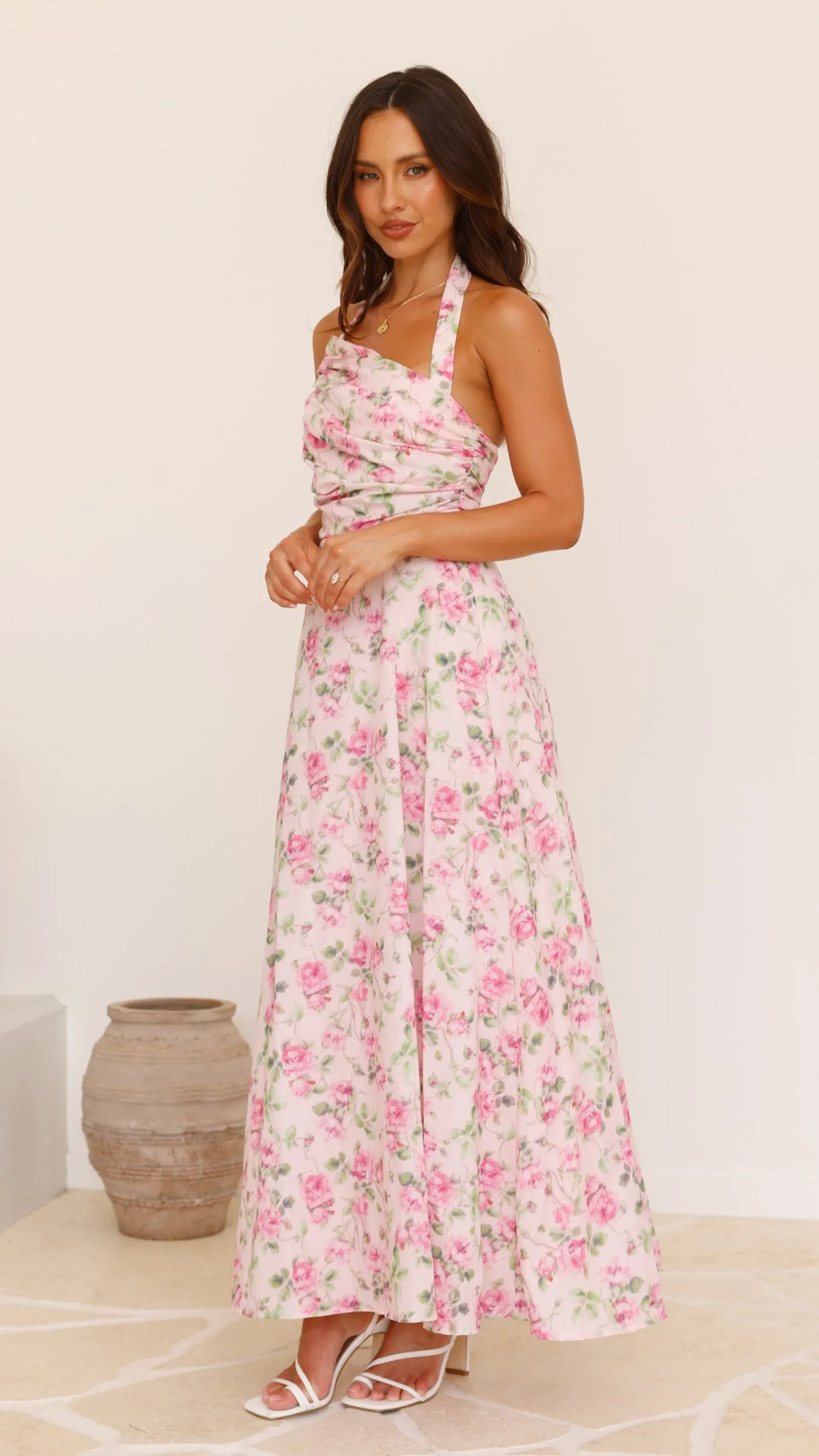 Sharya Halter Neck Maxi Dress - Pink Floral