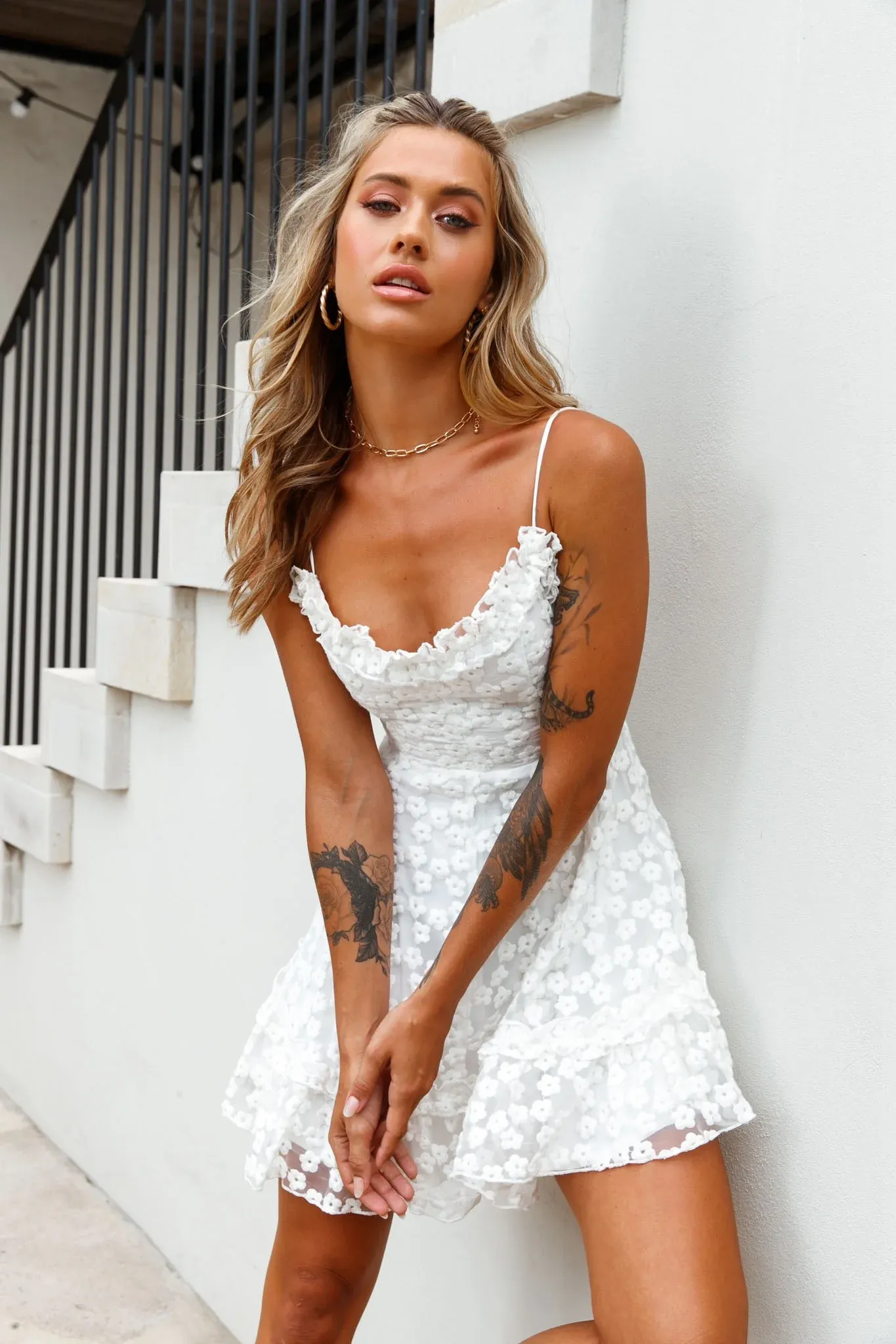 Summer Daze Frill Bust Floral Embroidered Overlay Dress White
