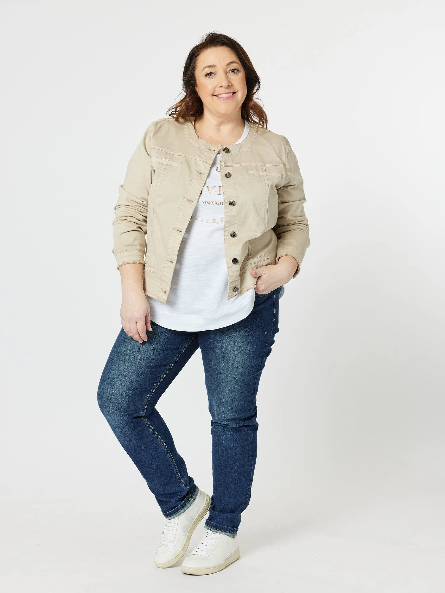 Threadz Collarless Denim Jacket Natural