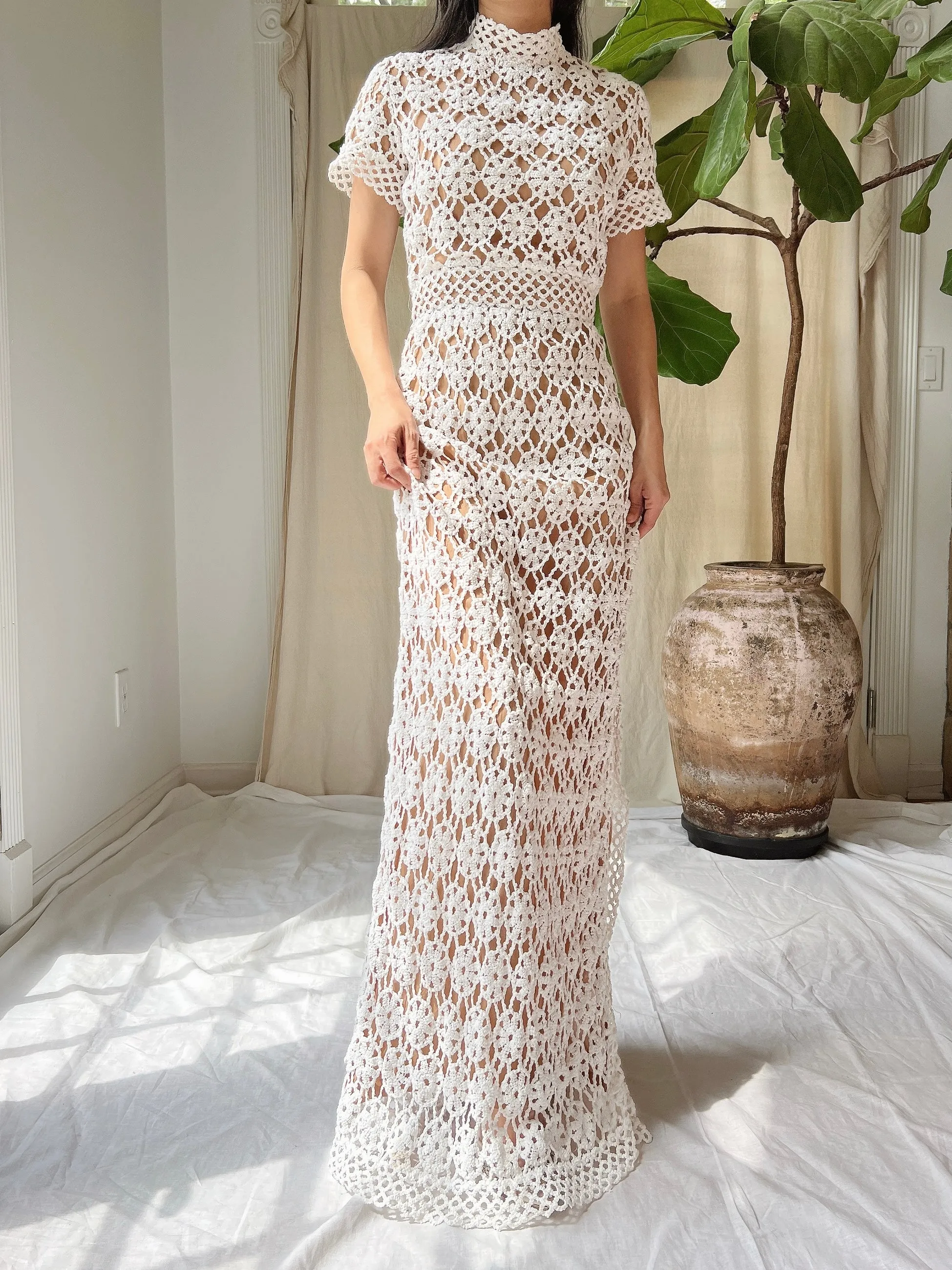 Vintage Mock Neck Crochet Dress - XS