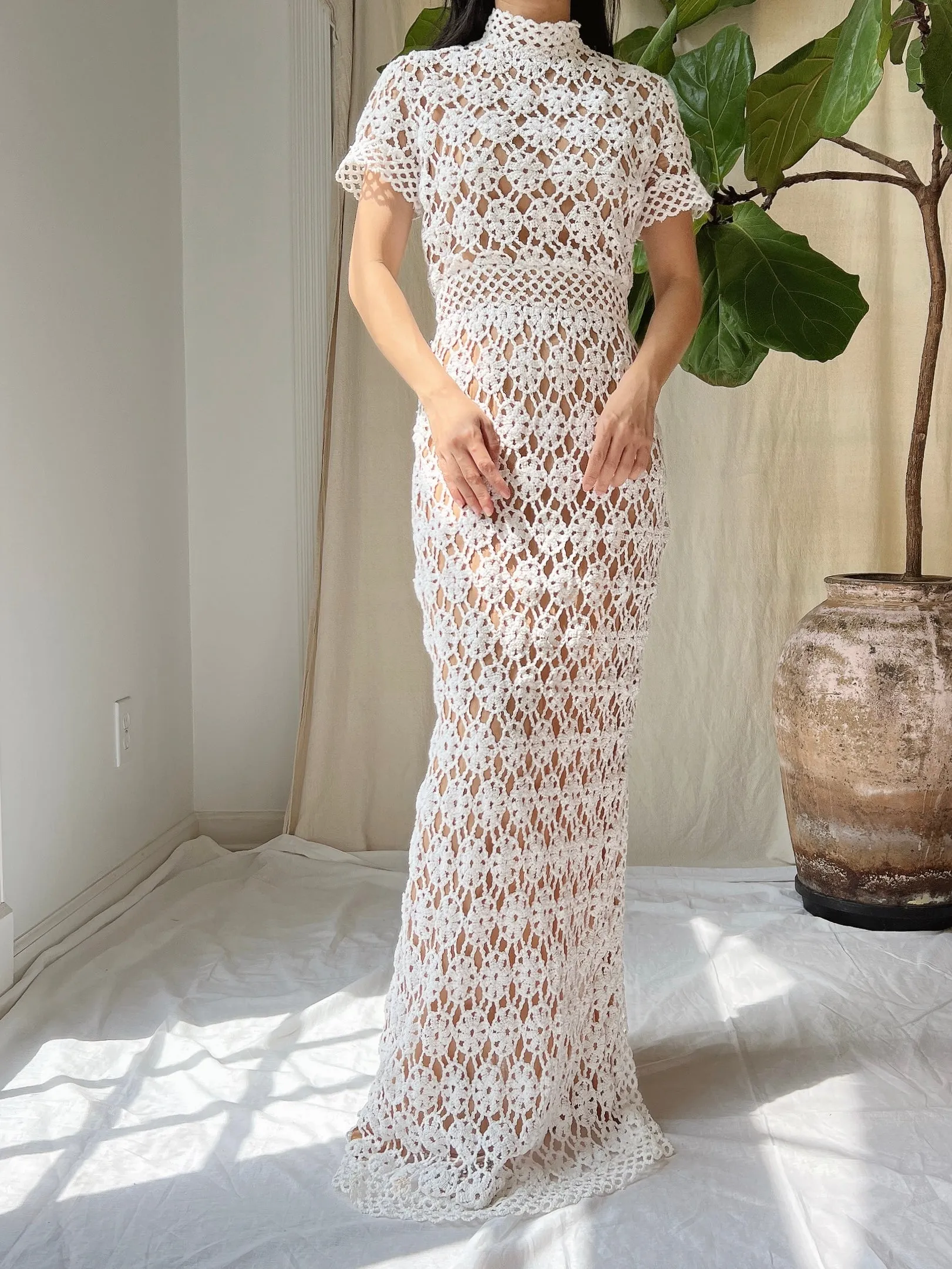 Vintage Mock Neck Crochet Dress - XS
