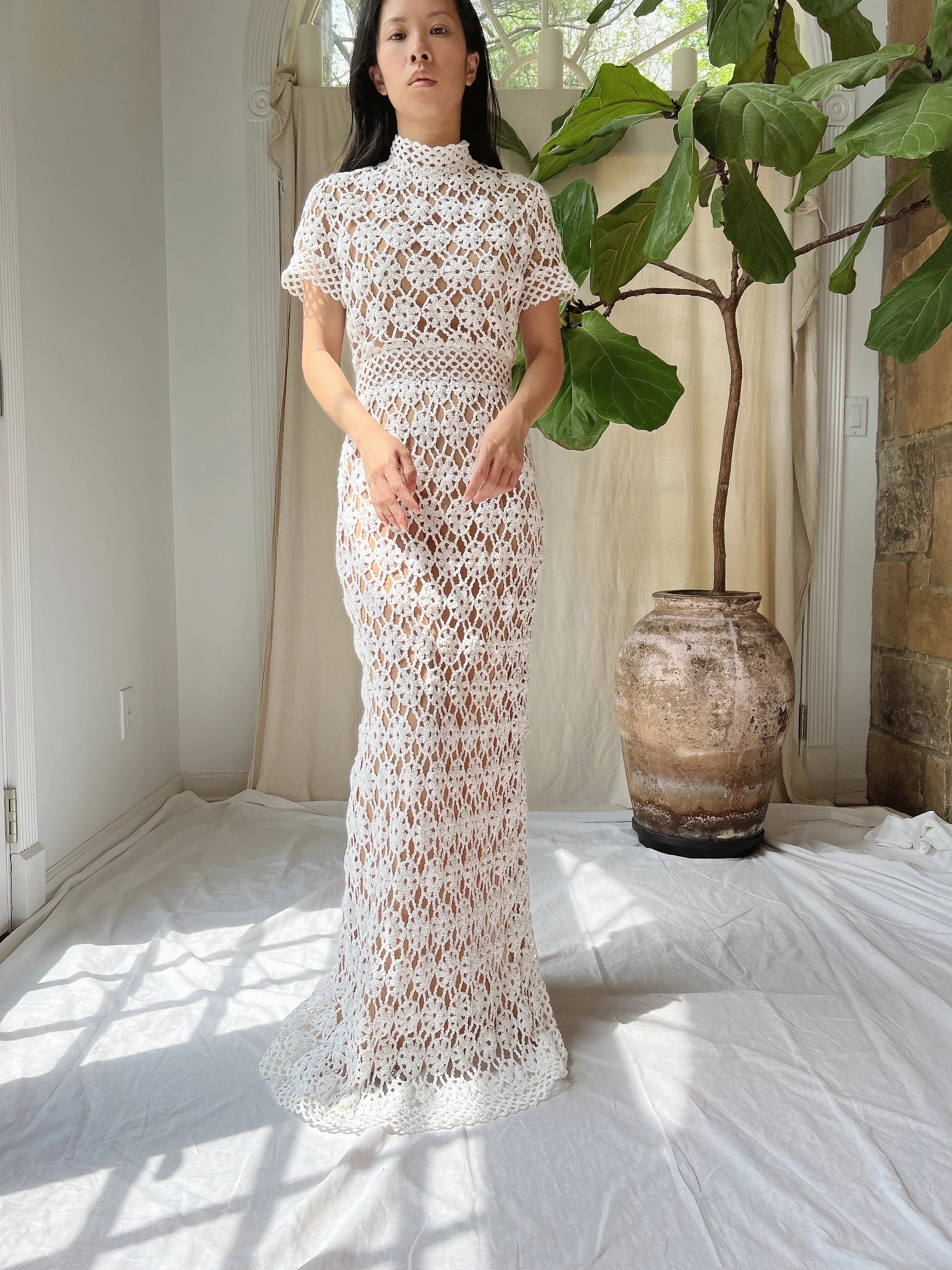 Vintage Mock Neck Crochet Dress - XS