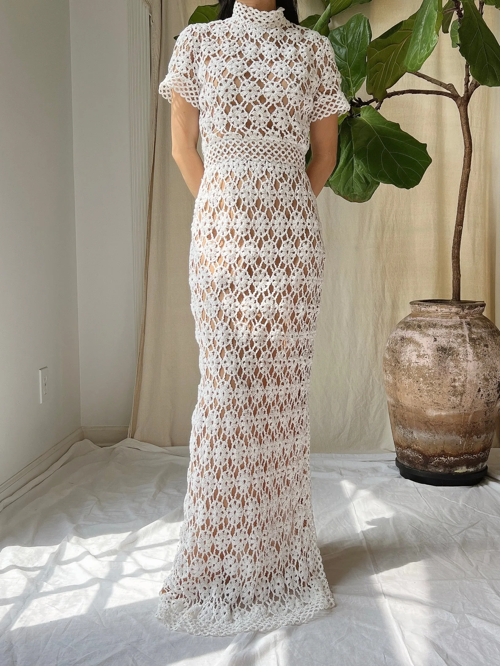 Vintage Mock Neck Crochet Dress - XS