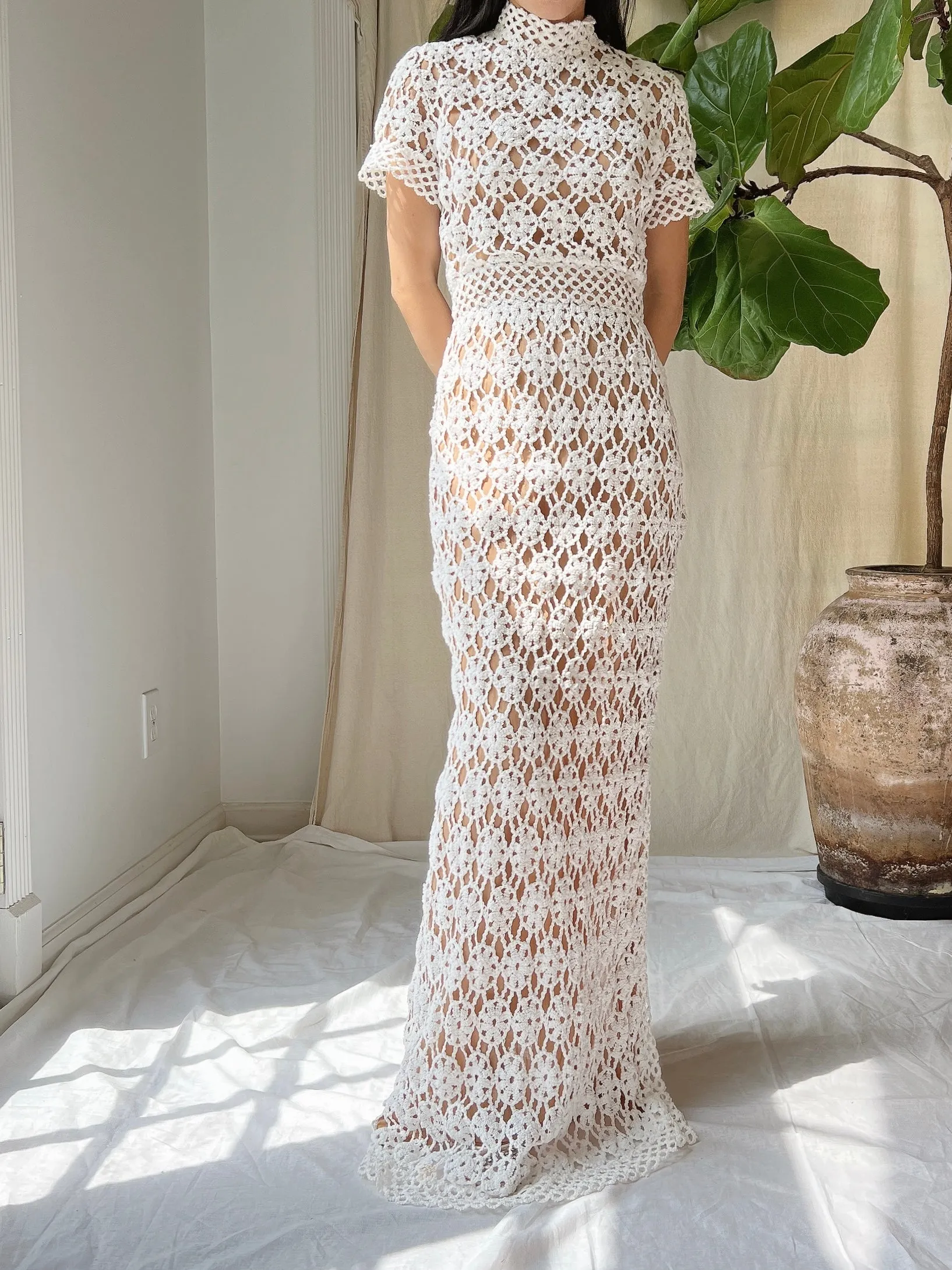 Vintage Mock Neck Crochet Dress - XS