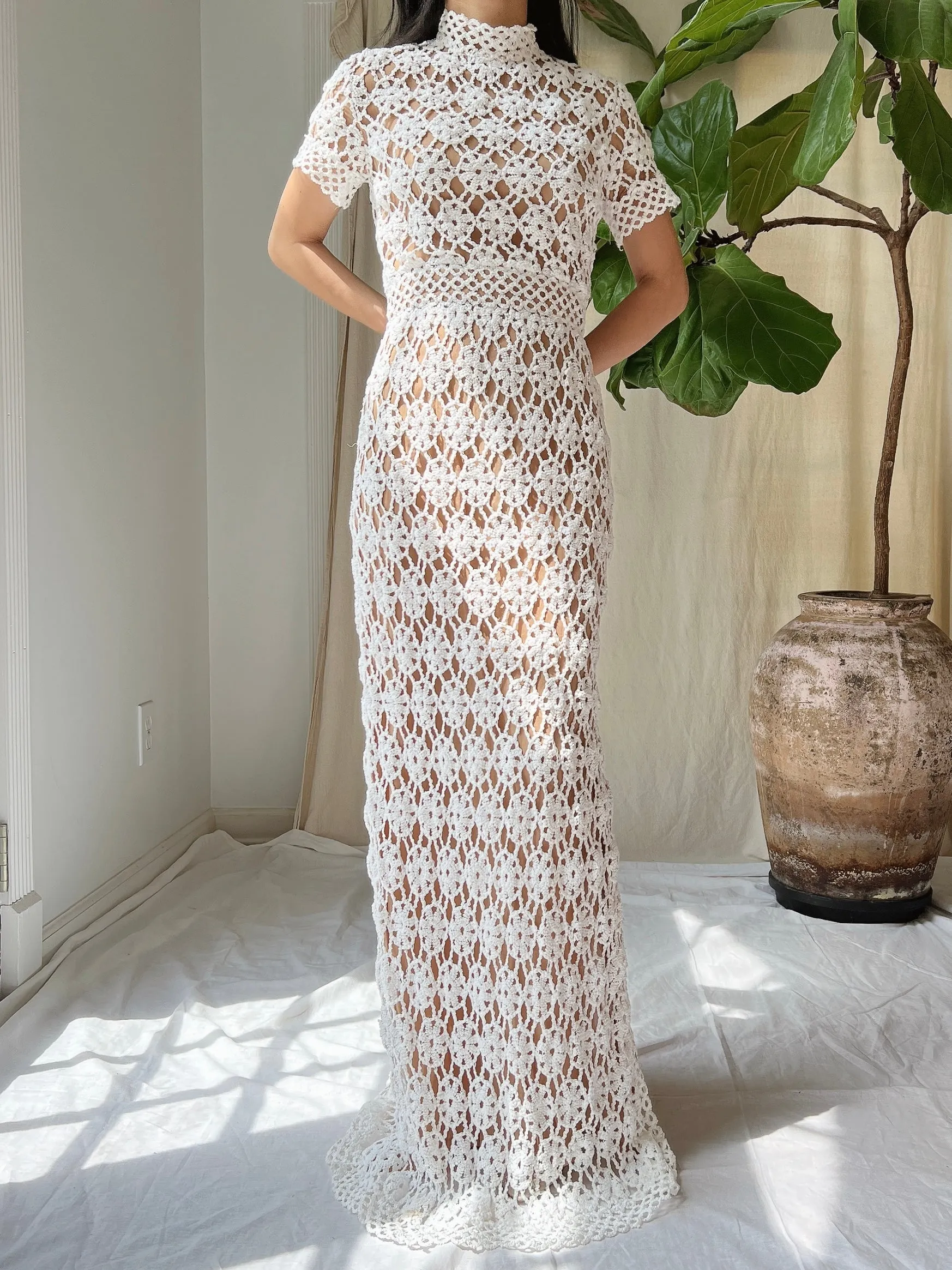 Vintage Mock Neck Crochet Dress - XS
